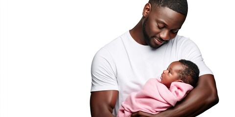 Obraz premium Loving father gently cradles his newborn baby wrapped in a pink blanket