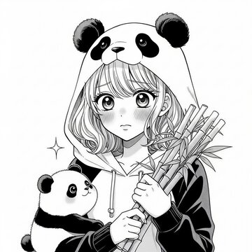 Kawaii manga girl, panda costume, bamboo, black and white illustration, anime style