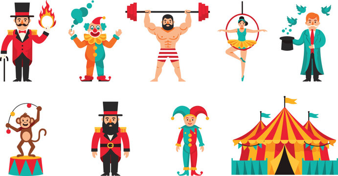 Colorful Circus Character Set with Ringmaster, Clown, Strongman, Acrobat, Magician, Jester, and Big Top Tent for Entertainment Designs