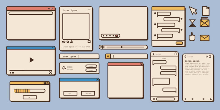 Nostalgic retro user interface window set with browser screens chat boxes and social media profile icons for vintage digital web design.