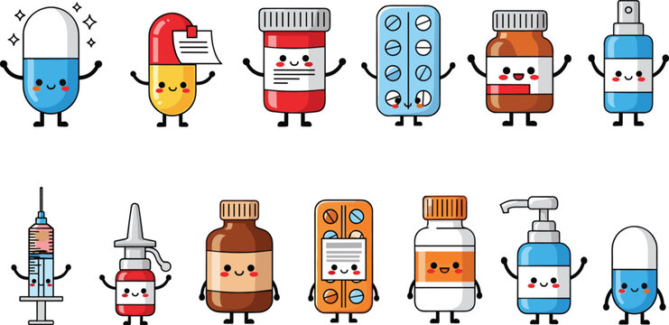 Cute Kawaii Medicine Character Set with Pill, Capsule, Syringe, Bottle, Blister Pack, and Spray for Healthcare and Pharmacy Designs