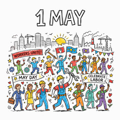 Obraz premium Bright cartoon characters celebrate with tools and flags. 