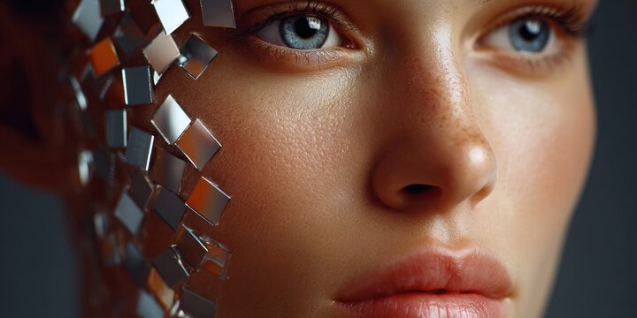 Close-up portrait of a woman's face with shimmering mirrored squares adhered to her cheek