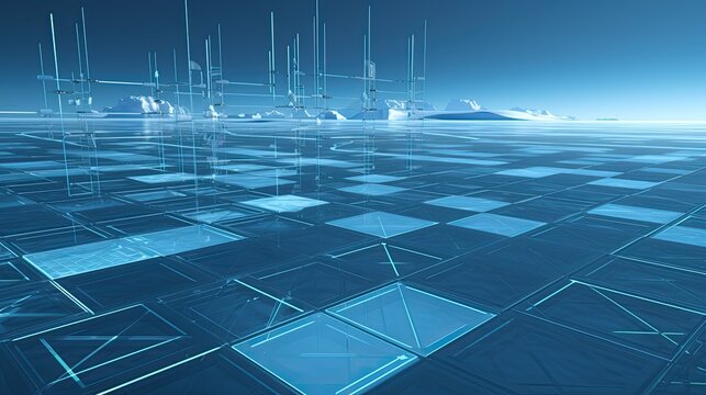 Grid pattern and translucent structures define a conceptual future city, connecting abstract data networks across a serene, digitally rendered expanse with distant frosted elevations