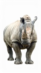 Fototapeta premium Close-up of a rhinoceros against a white background, highlighting its impressive horns and textured skin.