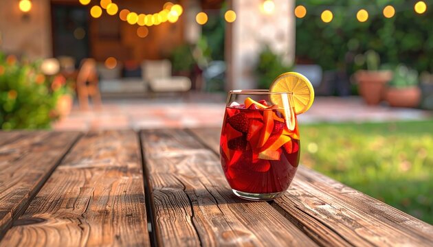 A vibrant glass of sangria with citrus and berries on a rustic table, set against a lively outdoor backdrop with string lights.