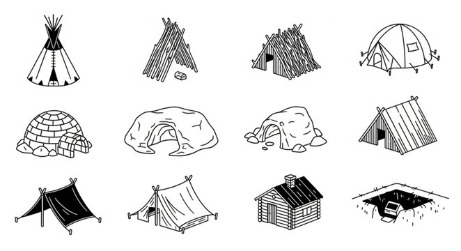 Collection of primitive dwelling illustrations in sketch style.