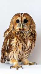 Fototapeta premium Detailed image of a tawny owl showcasing its intricate feather patterns and captivating eyes.