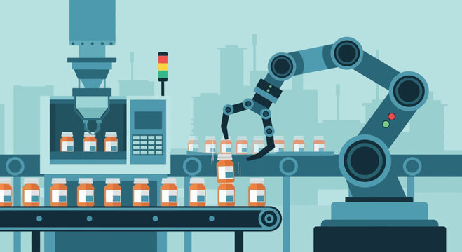 Automated Pharmaceutical Production Line with Robotic Arm and Conveyor Belt