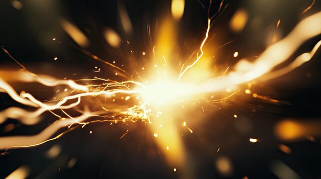 Bright electrical spark igniting a radiant burst of golden light, generating dynamic energy waves and abstract particle effects across a dark background