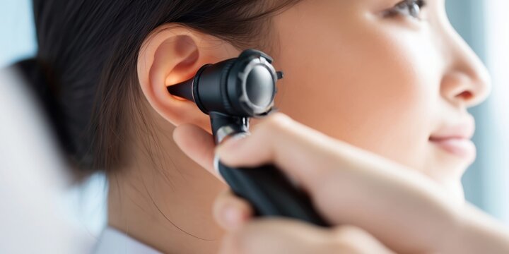 Close-up of a doctor examining a patient's ear with an otoscope