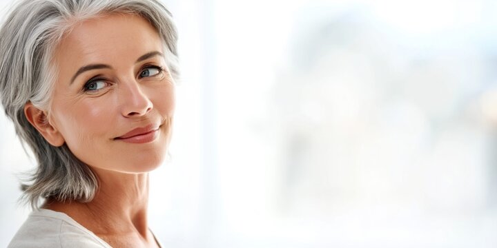 Elegant mature woman with silver hair smiling confidently, embracing her age gracefully