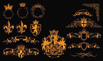Golden Heraldic Royal Design Elements Set with Coat of Arms, Fleur de Lis, Lion, Crowns, and Decorative Ribbons on Black Background © Sabbir