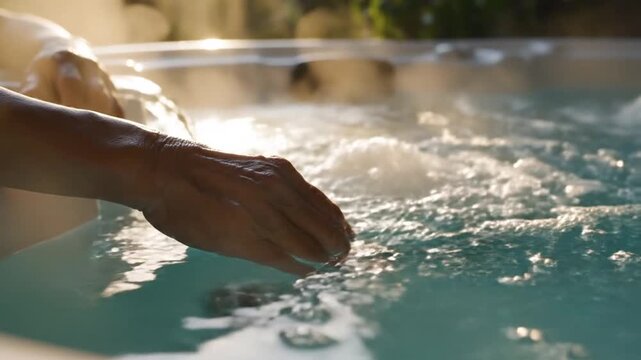 Person relaxing hand in bubbling hot tub with golden sunlight
