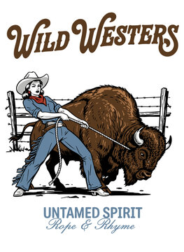 Vintage cowgirl roping a wild bison buffalo, retro wild west Americana mascot illustration for t-shirt design