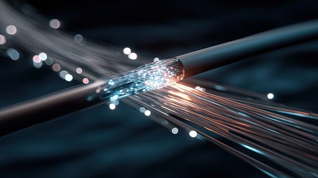 Fiber optic cable exposing glowing strands, facilitating fast data transmission and high speed internet connectivity for global telecommunications and digital networks