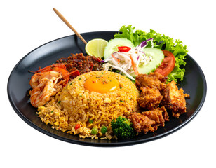 Fototapeta premium Savory fried rice with shrimp, fried chicken, egg yolk