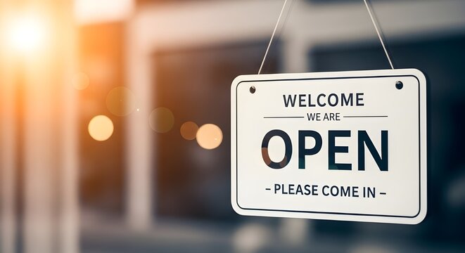 "Open" on cafe or restaurant hang on door at entrance.
