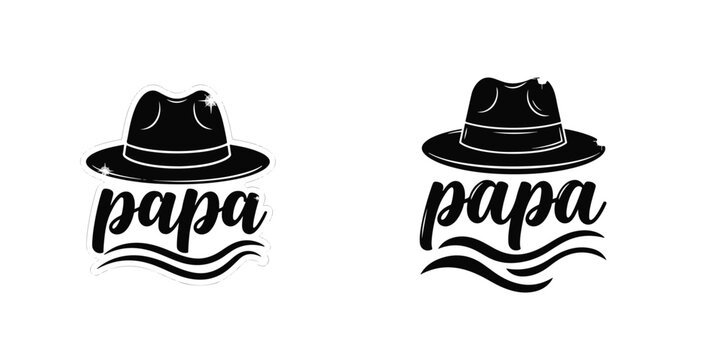 Papa Lettering Design with Fedora Hat Icon and Decorative Swashes for Father's Day Greeting Cards