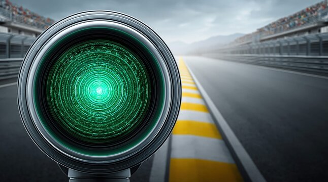 Green traffic light signals start of race on speedway with blurred spectators