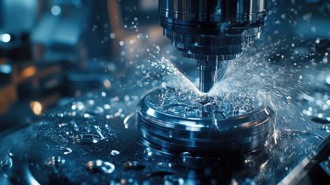 Computer numerical control machine tool working on a metal workpiece, creating small sparks and debris during the precision machining process in a modern industrial factory setting