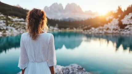Fototapeta premium A serene woman gazes off into the peaceful lake and mountains, capturing the essence of tranquility and the beauty of nature at sunset in this picturesque landscape.
