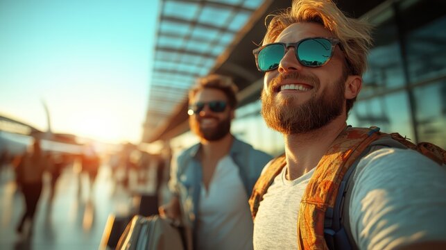 Two bearded men with sunglasses smile broadly in an airport as the sun sets behind them, conveying a sense of adventure and friendship while preparing for their journey.