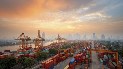 Naklejka premium Sunset over shipping port with cranes and colorful containers in urban skyline