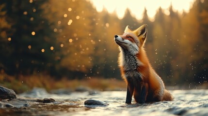 Fototapeta premium A beautiful orange fox standing gracefully in a serene forest landscape during autumn, showcasing the vibrant colors of nature and evoking a sense of tranquility and wildlife beauty.