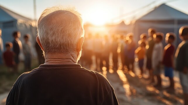 An elderly man stands in front of a group of individuals at sunset, symbolizing wisdom, reflection, and the connection between generations in a serene setting.