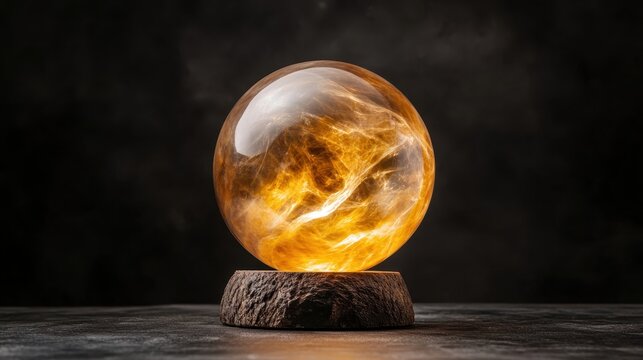 An ethereal crystal sphere, glowing with vibrant inner light, rests gracefully on a wooden base, symbolizing mystery, beauty, and the allure of the unknown.