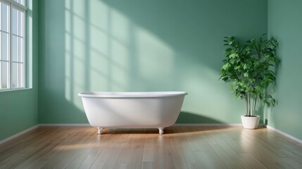 Fototapeta premium A serene minimalist bathroom featuring a stylish white bathtub and potted plant against a green wall, promoting relaxation and tranquility in modern interior design.