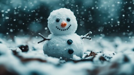 Obraz premium A charming little snowman adorned with a carrot nose and coal eyes stands amidst gently falling snowflakes, embodying the joyful spirit of winter and seasonal festivities.