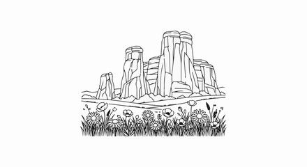 Obraz premium A stark line drawing depicts towering rock formations against a plain background
