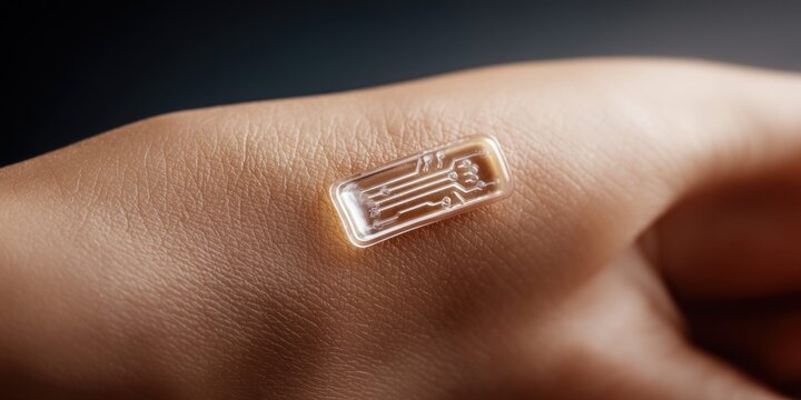 Close-up of a transparent microchip implant on human skin, symbolizing future technology