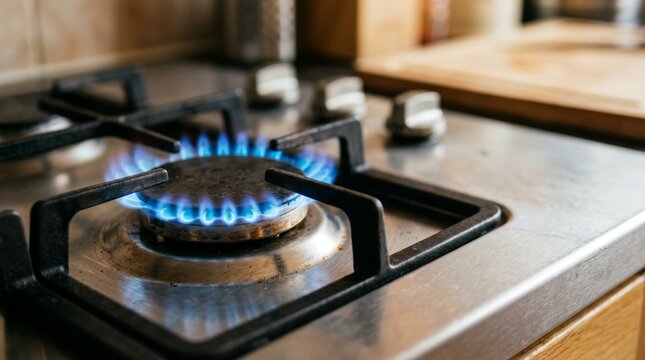 Close-up of lit gas stove burner with blue flames in kitchen setting