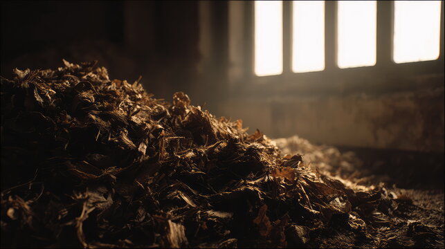 Large pile of dried agriculture leaves accumulating inside a dark industrial warehouse with sun rays streaming through a high window, highlighting dust and texture
