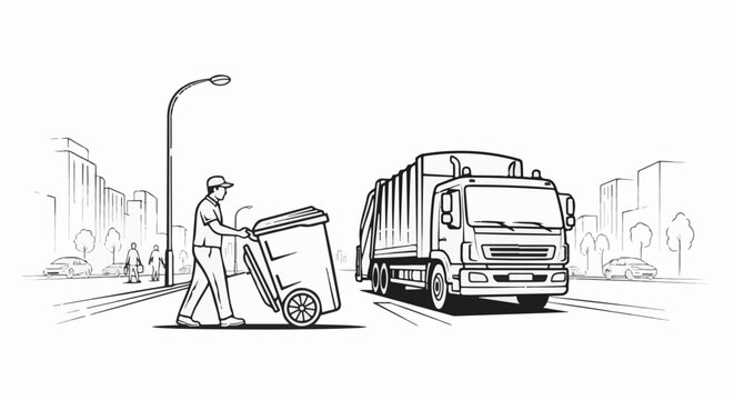 A worker pushes a bin towards a garbage truck on a city street