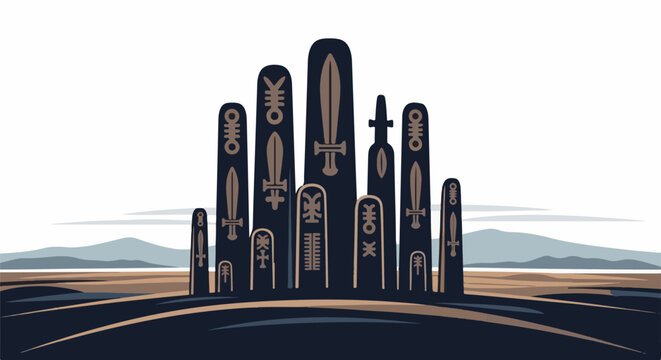 A stylized landscape with ancient stone monoliths carved with symbols