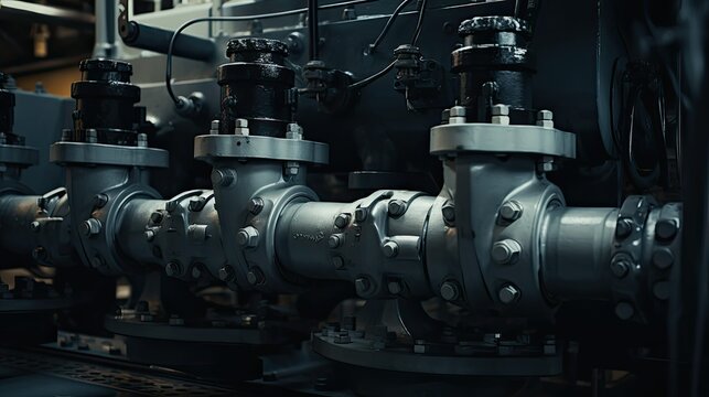 Industrial machine piping system with valves and flanges