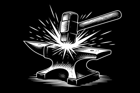 Black and white graphic illustration of a heavy hammer striking a metal anvil with bright sparks flying, representing blacksmithing, forging, craftsmanship, strength, and industrial metalwork art.
