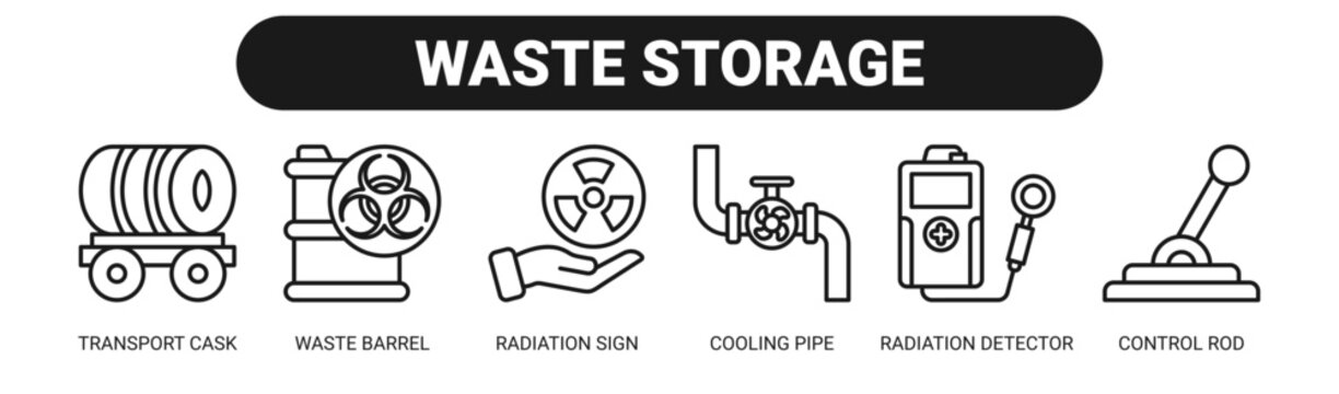 Waste Storage web banner icon vector illustration concept with icons of transport cask, waste barrel, radiation sign, cooling pipe, radiation detector, and control rod. 