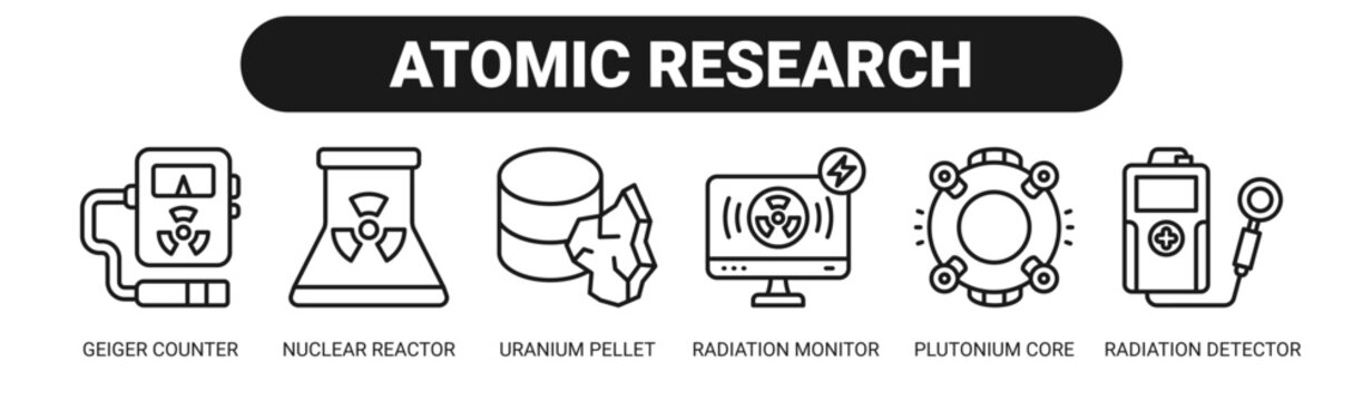 Atomic Research web banner icon vector illustration concept with icons of geiger counter, nuclear reactor, uranium pellet, radiation monitor, plutonium core, and radiation detector. 