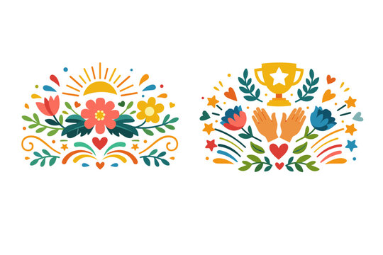 Colorful Folk Art Floral Illustrations for Congratulations and Bravo with Sun, Trophy, Clapping Hands, Flowers, and Hearts. Decorative Flat Vector Design Elements for Greeting Cards and Success.