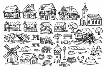 Obraz premium Medieval Village Constructor Set with Hand Drawn Black and White Line Art Illustrations of Half-Timbered Houses, Church, Watermill, Windmill, Bridge, Market Stalls, and Rural Landscape Elements.