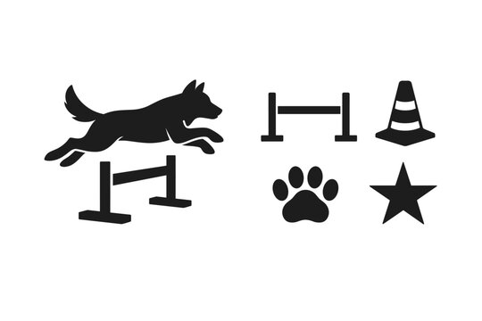 Minimalist black vector icon set for dog agility training featuring a silhouette of a dog jumping over a hurdle, plus separate hurdle obstacle, traffic cone, animal paw print, and star symbol.