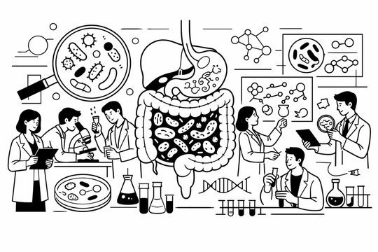 Detailed line art illustration of a team of scientists and doctors studying the human digestive system and gut microbiome in a laboratory with microscopes, petri dishes, and molecular diagrams.