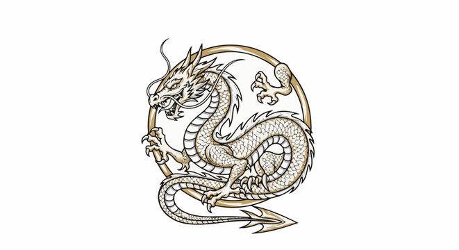 A stylized white and gold dragon is coiled within a circular frame