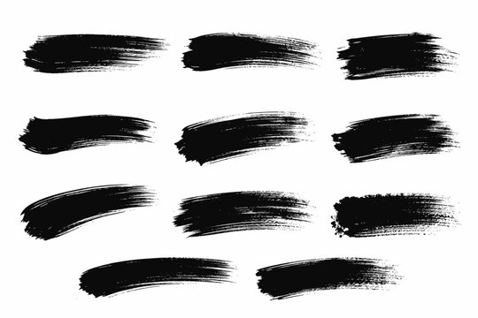 Set of Black Ink Brush Strokes and Grunge Paint Textures for Artistic Design; Hand Drawn Vector Elements with Bristle Texture for Calligraphy, Watercolor, and Abstract Background Illustrations.
