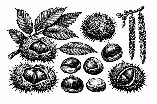 Detailed Vintage Botanical Engraving of Chestnut Tree Elements Including Edible Sweet Chestnuts in Spiky Husks, Serrated Green Leaves, Catkins, and Individual Nuts Isolated on White Background